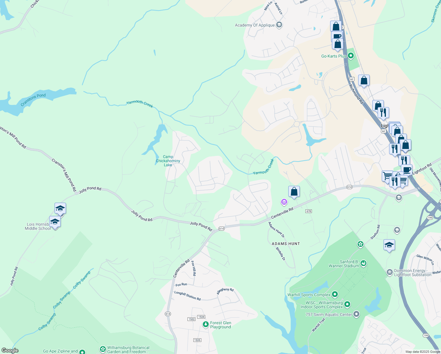 map of restaurants, bars, coffee shops, grocery stores, and more near 3956 Ethan Lane in Williamsburg