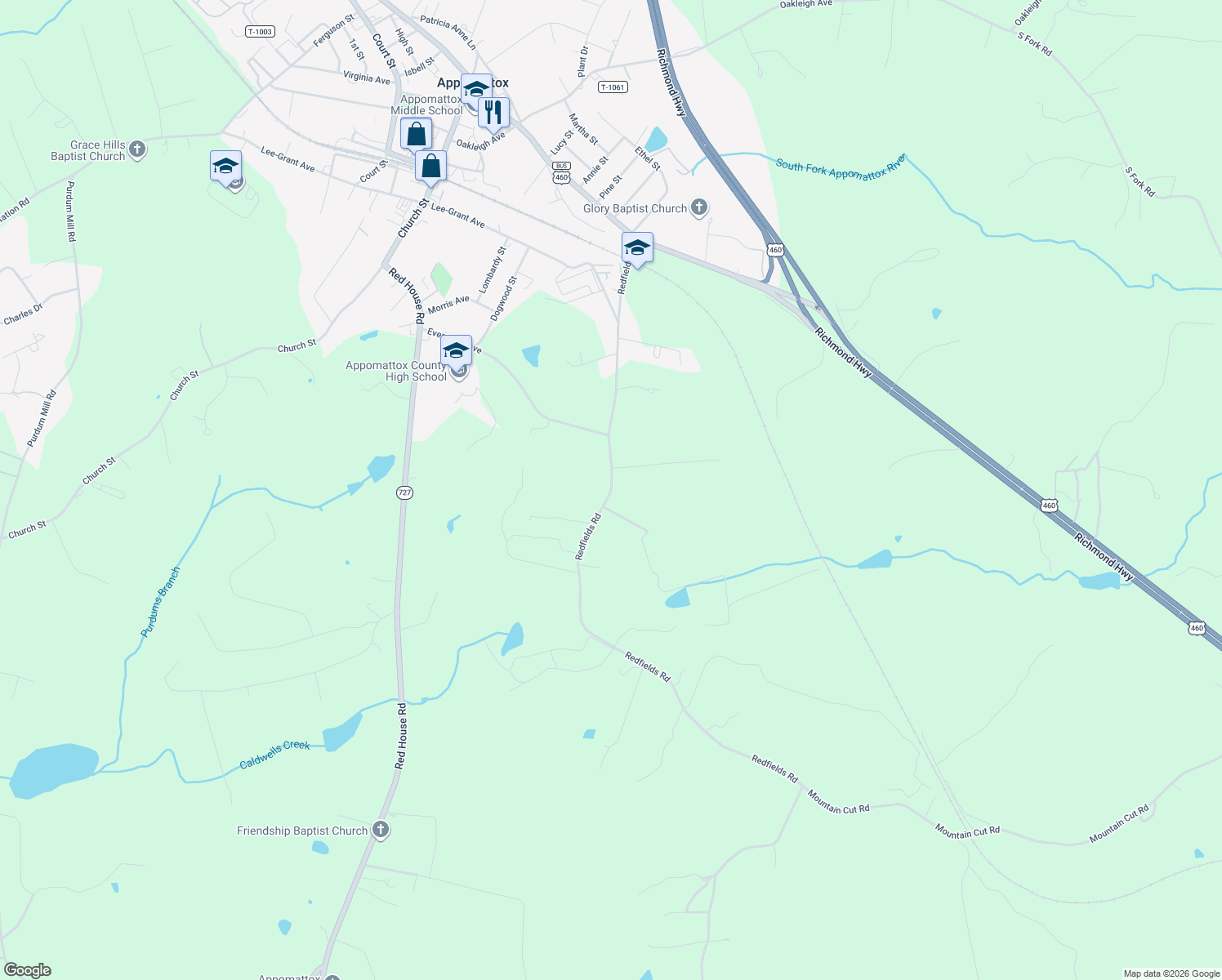 map of restaurants, bars, coffee shops, grocery stores, and more near State Route 635 in Appomattox