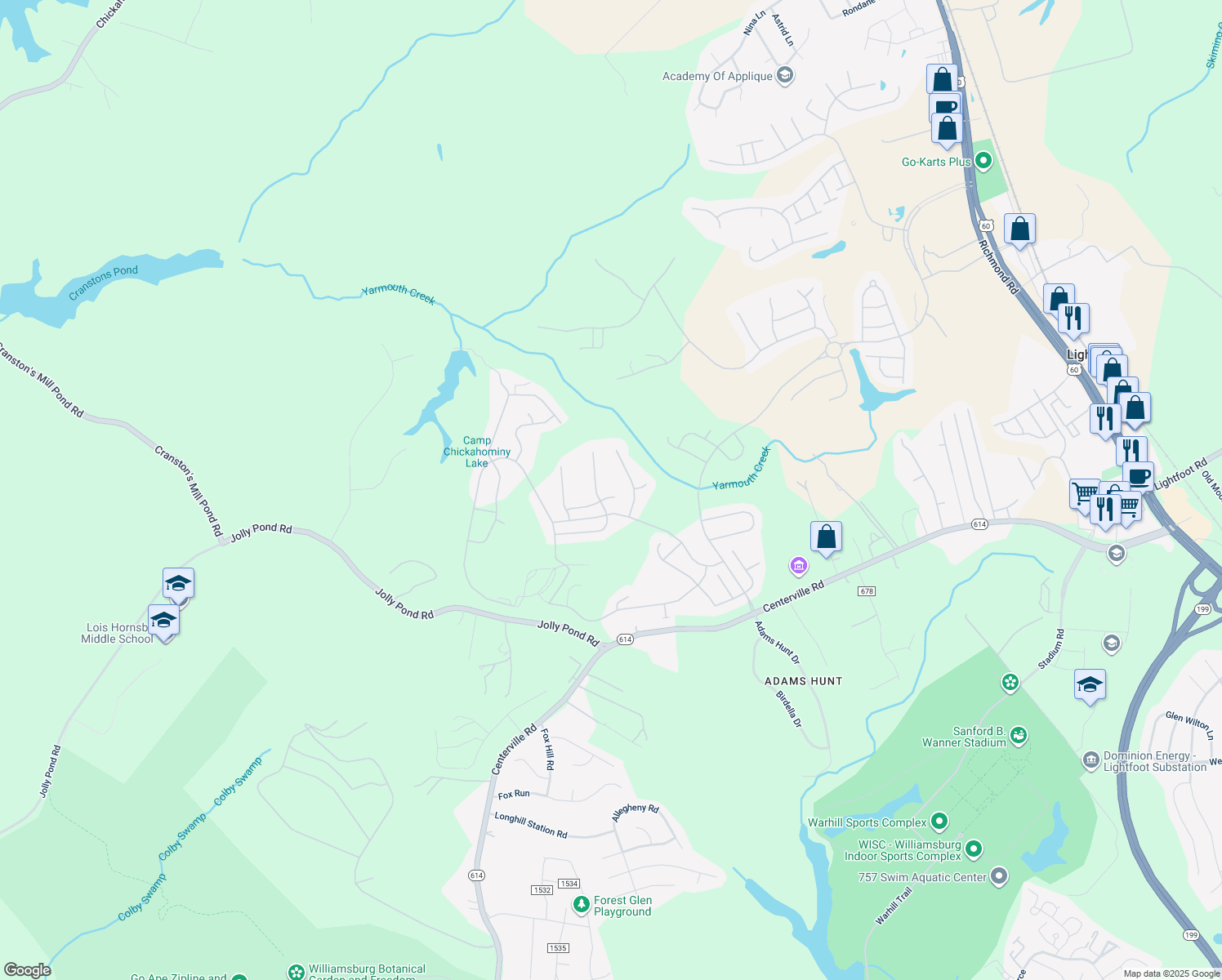 map of restaurants, bars, coffee shops, grocery stores, and more near 3945 Ethan Lane in Williamsburg