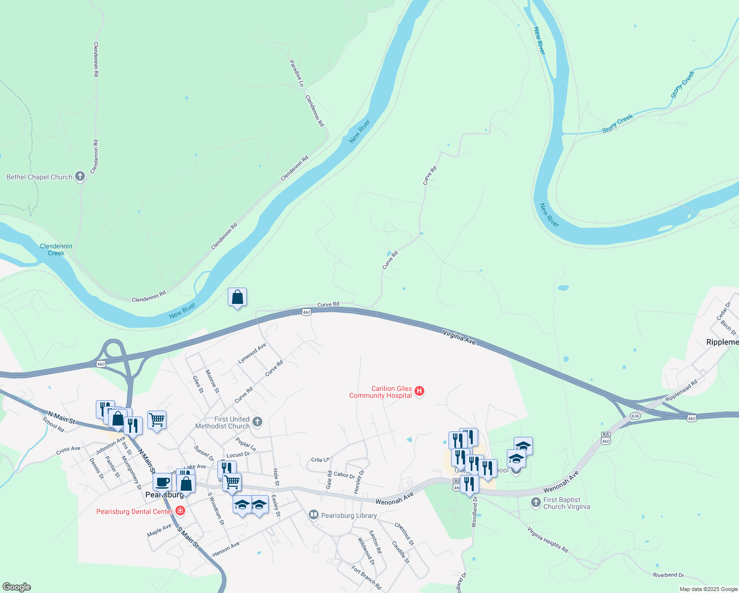 map of restaurants, bars, coffee shops, grocery stores, and more near 1913 Curve Road in Pearisburg