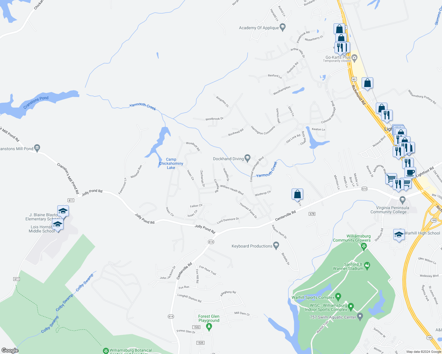 map of restaurants, bars, coffee shops, grocery stores, and more near 3949 Ethan Lane in Williamsburg