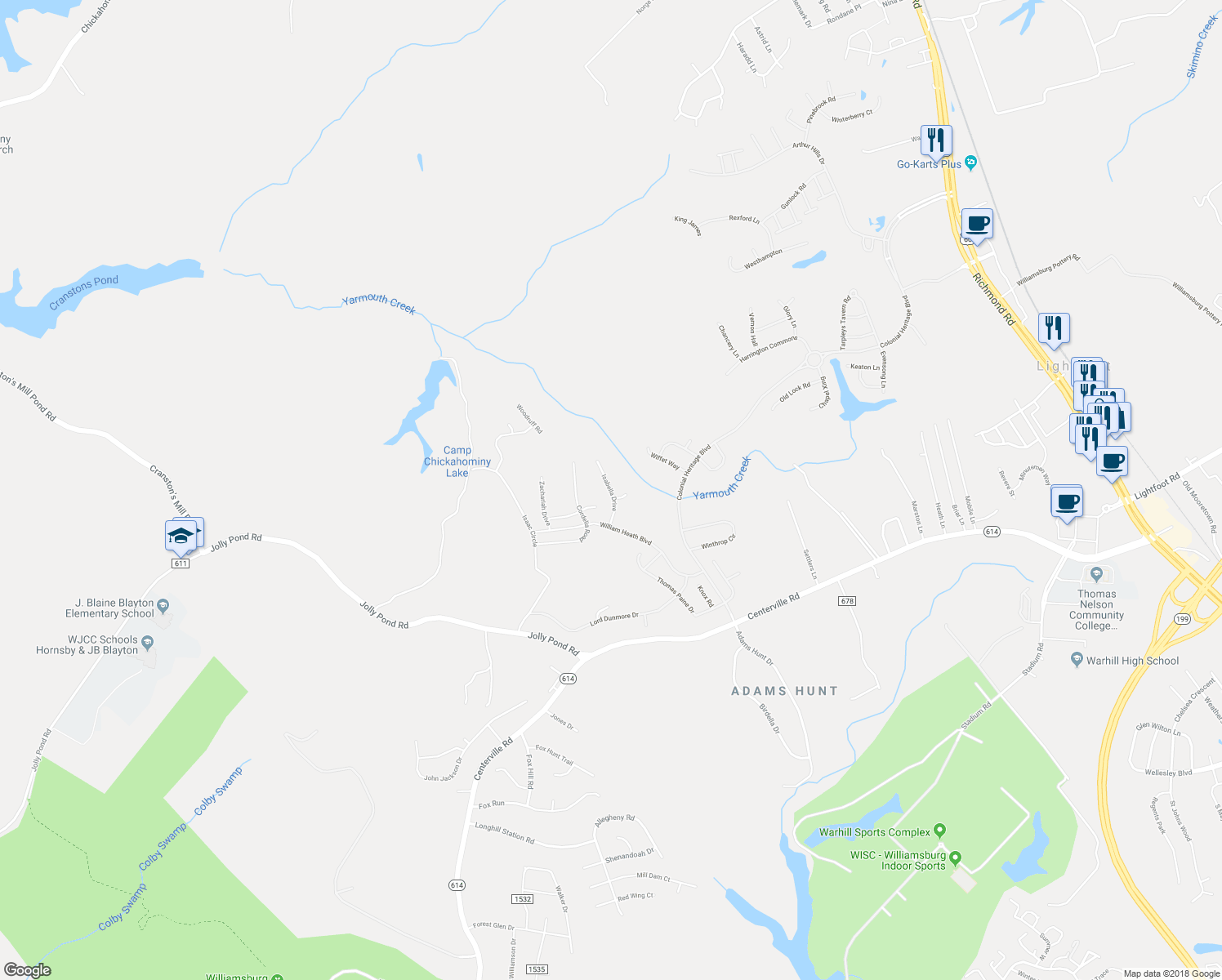 map of restaurants, bars, coffee shops, grocery stores, and more near Isabella Drive in James City County