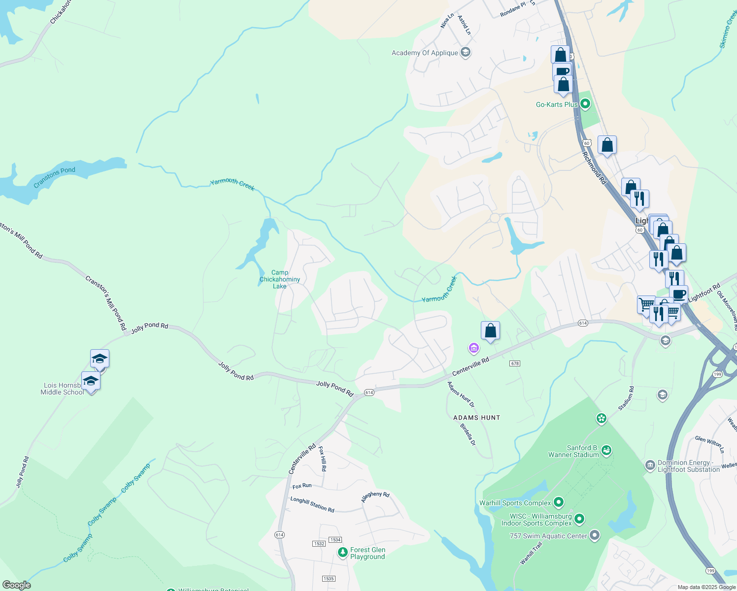 map of restaurants, bars, coffee shops, grocery stores, and more near 6439 Isabella Drive in Williamsburg