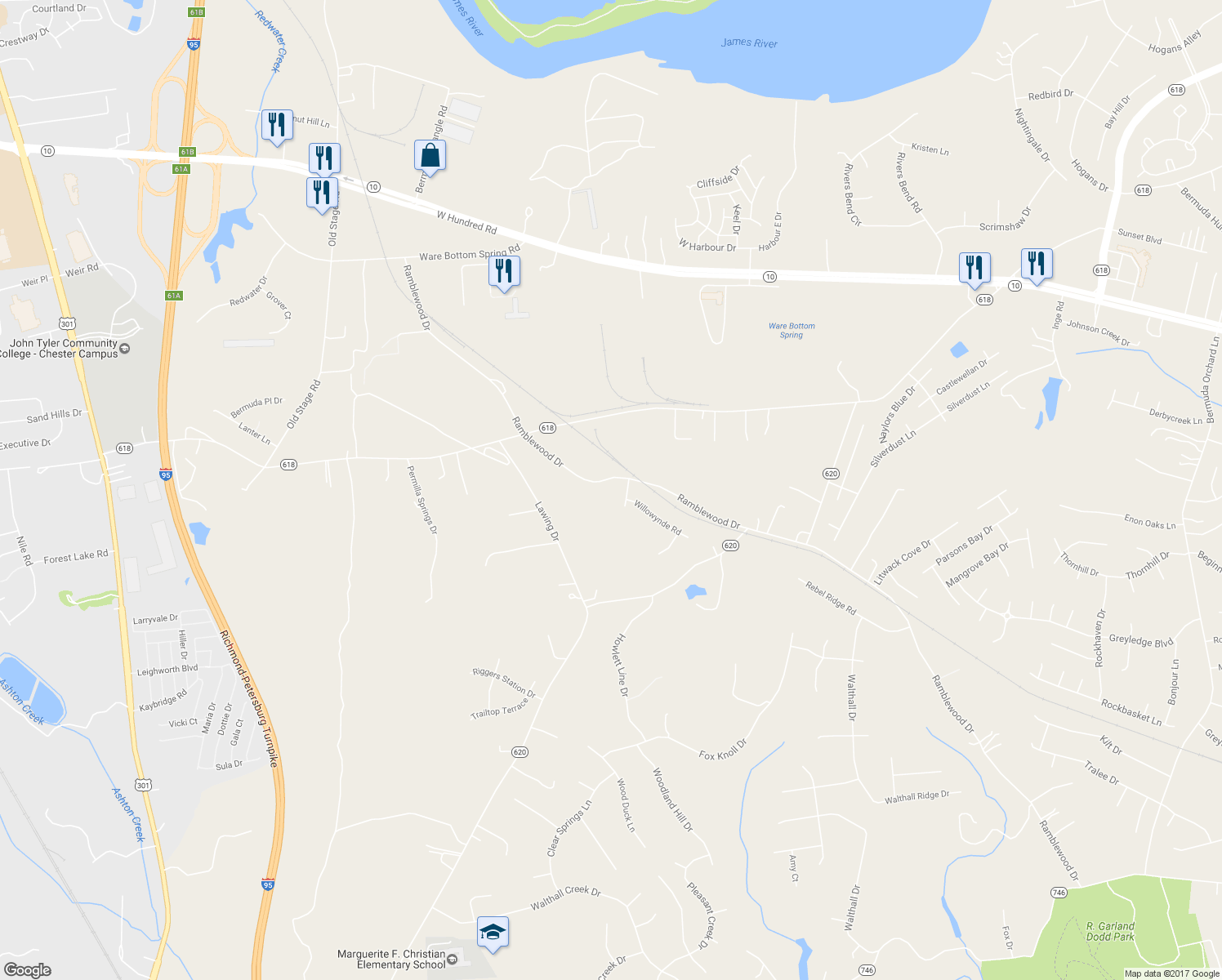 map of restaurants, bars, coffee shops, grocery stores, and more near 13712 Ramblewood Drive in Chester