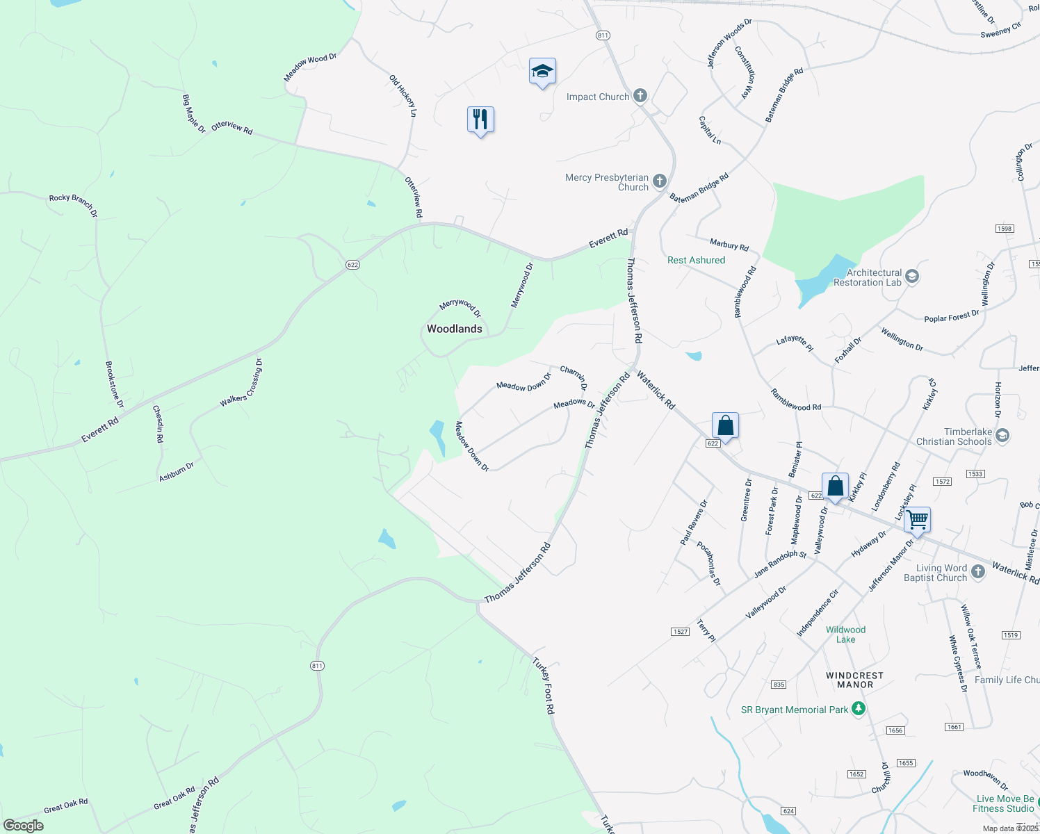 map of restaurants, bars, coffee shops, grocery stores, and more near 101 Summit Pl in Forest