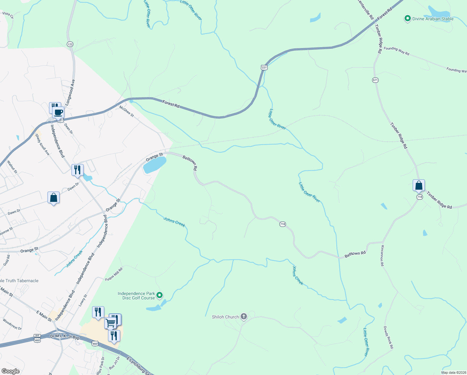 map of restaurants, bars, coffee shops, grocery stores, and more near 1612 Belltown Road in Bedford
