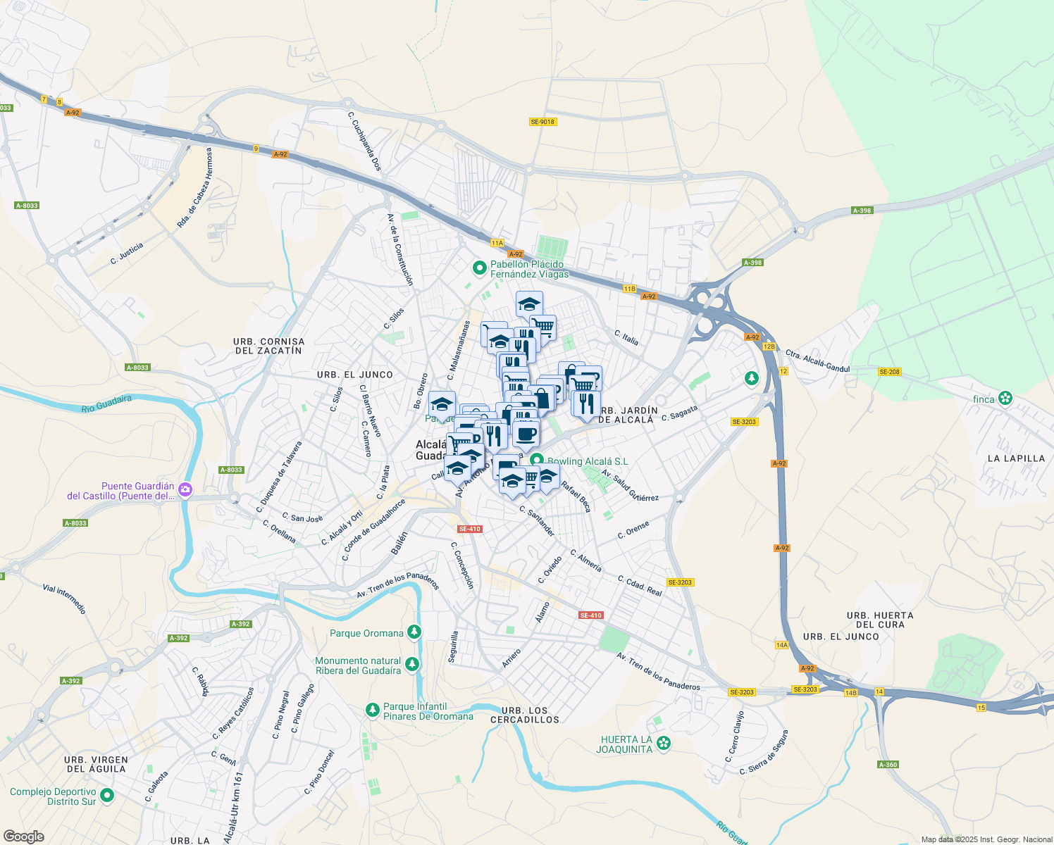 map of restaurants, bars, coffee shops, grocery stores, and more near 14 Calle Novillero Antonio Castillo in Alcalá de Guadaíra