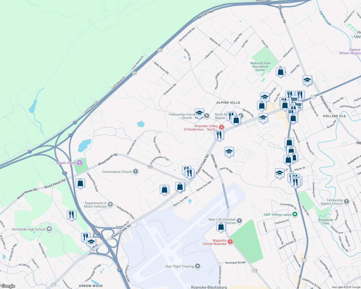 map of restaurants, bars, coffee shops, grocery stores, and more near 7285 Scarlet Oak Drive in Hollins