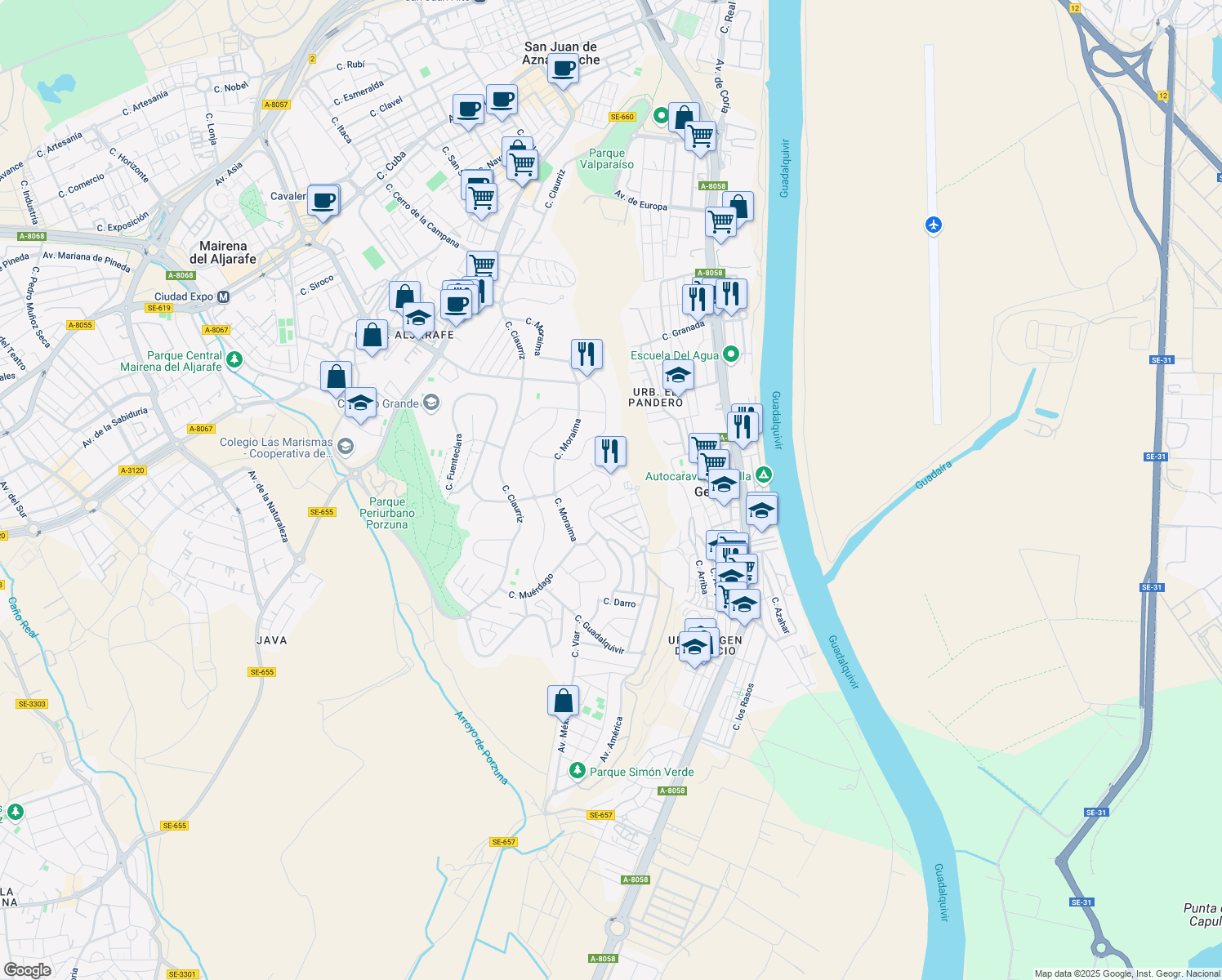 map of restaurants, bars, coffee shops, grocery stores, and more near 19 Cerro Verde in Gelves
