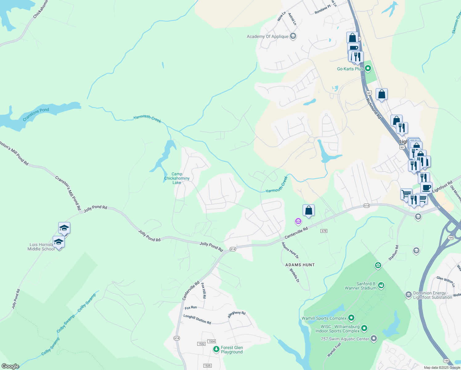 map of restaurants, bars, coffee shops, grocery stores, and more near Isabella Drive in James City County