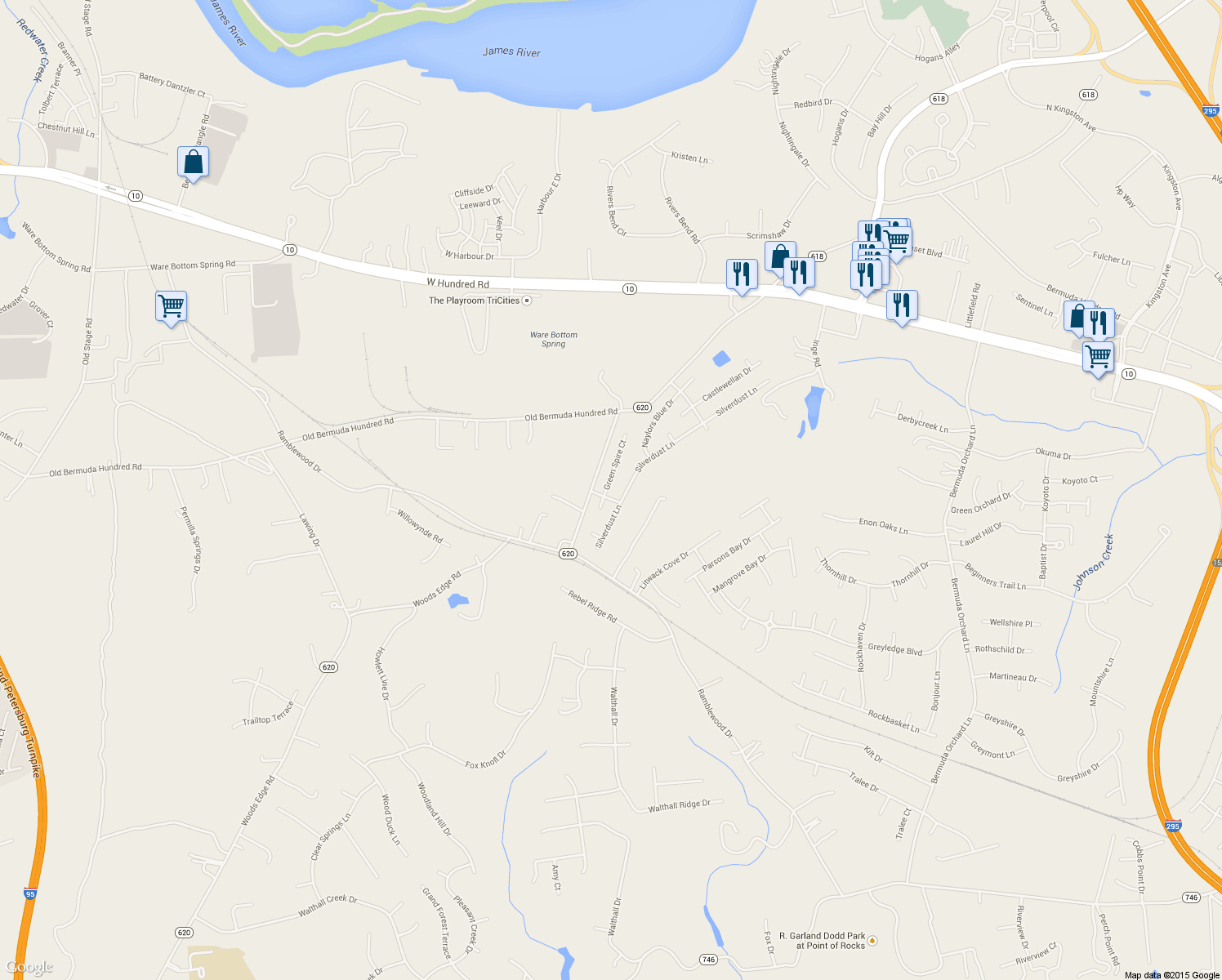 map of restaurants, bars, coffee shops, grocery stores, and more near 13585 Green Spire Ct in Chester