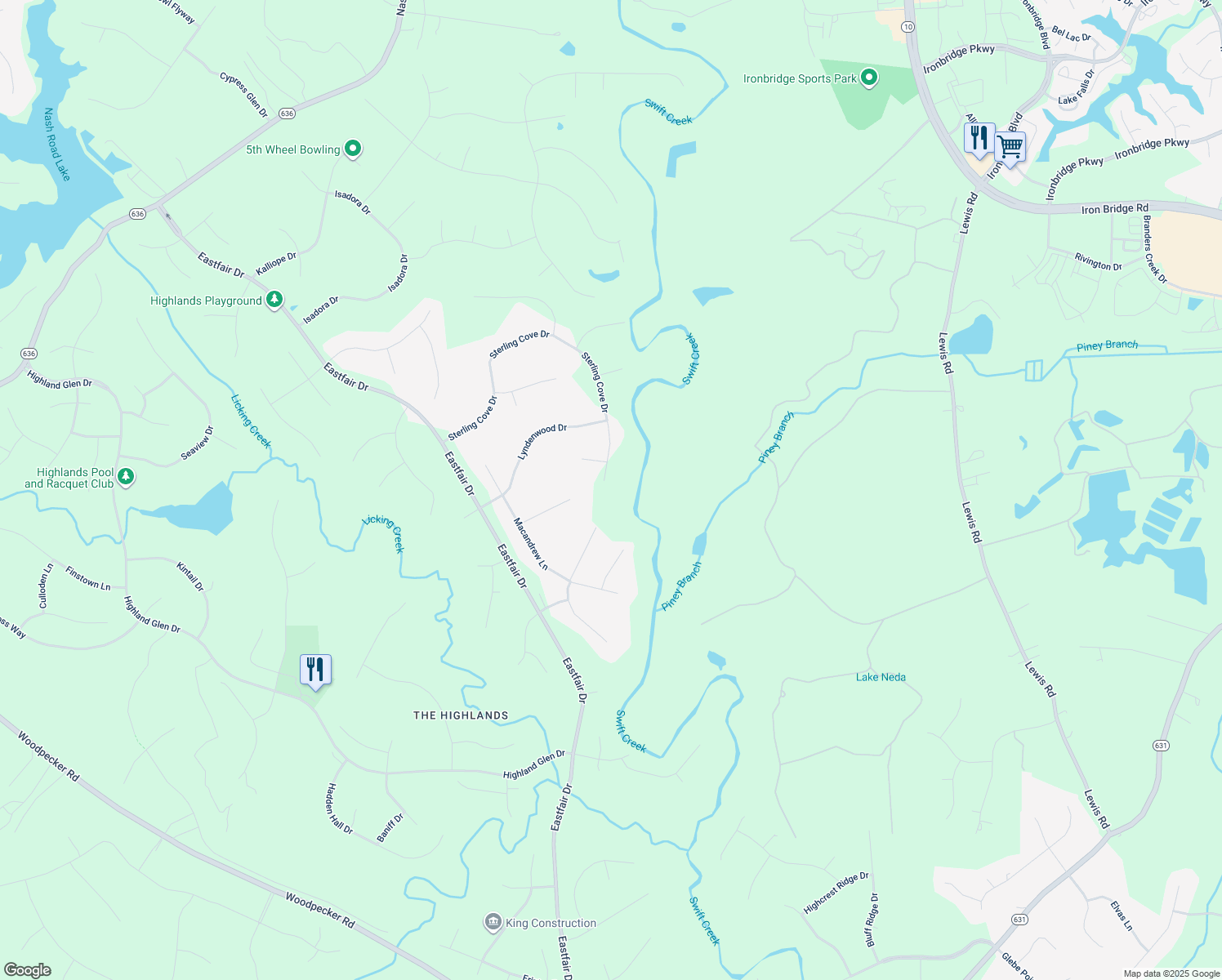 map of restaurants, bars, coffee shops, grocery stores, and more near 10600 Sterling Cove Drive in Chesterfield