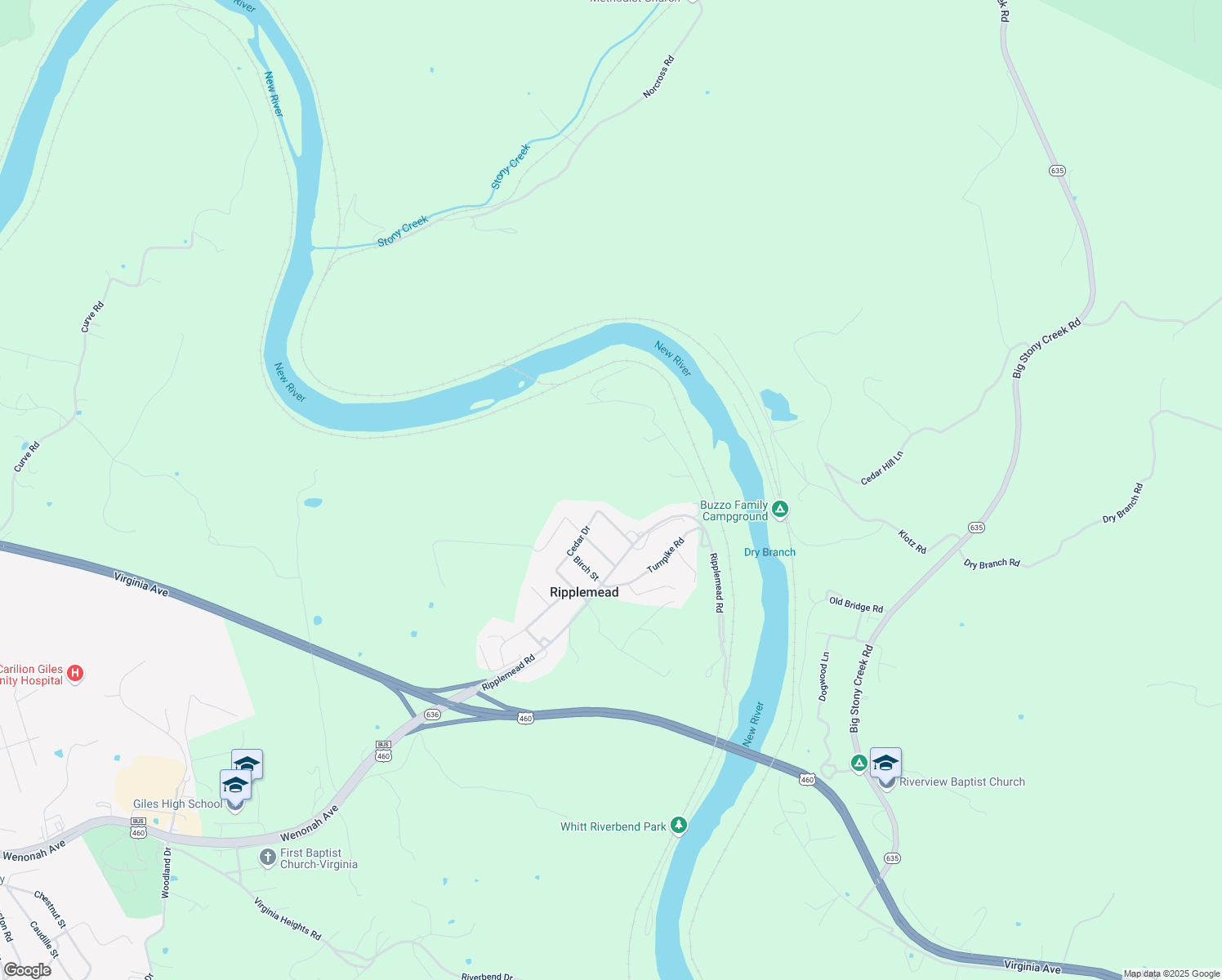 map of restaurants, bars, coffee shops, grocery stores, and more near 705 Ripplemead Road in Ripplemead
