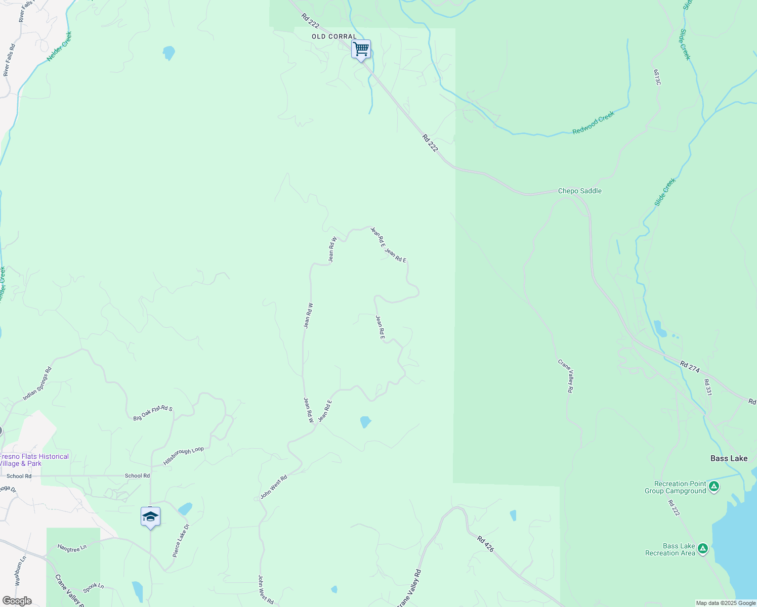 map of restaurants, bars, coffee shops, grocery stores, and more near 40779 Jean Road East in Oakhurst