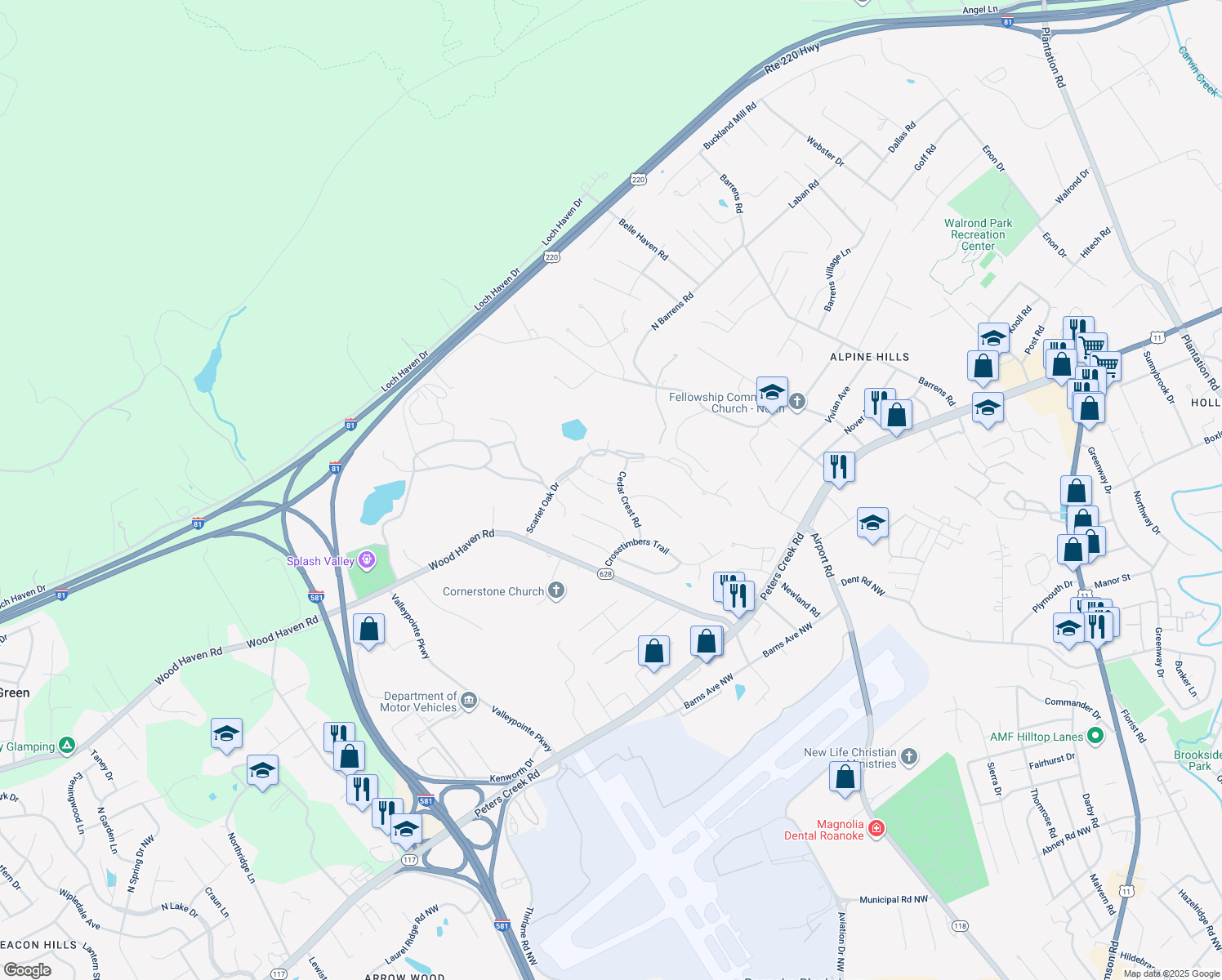 map of restaurants, bars, coffee shops, grocery stores, and more near 7187 Wild Cherry Court in Roanoke