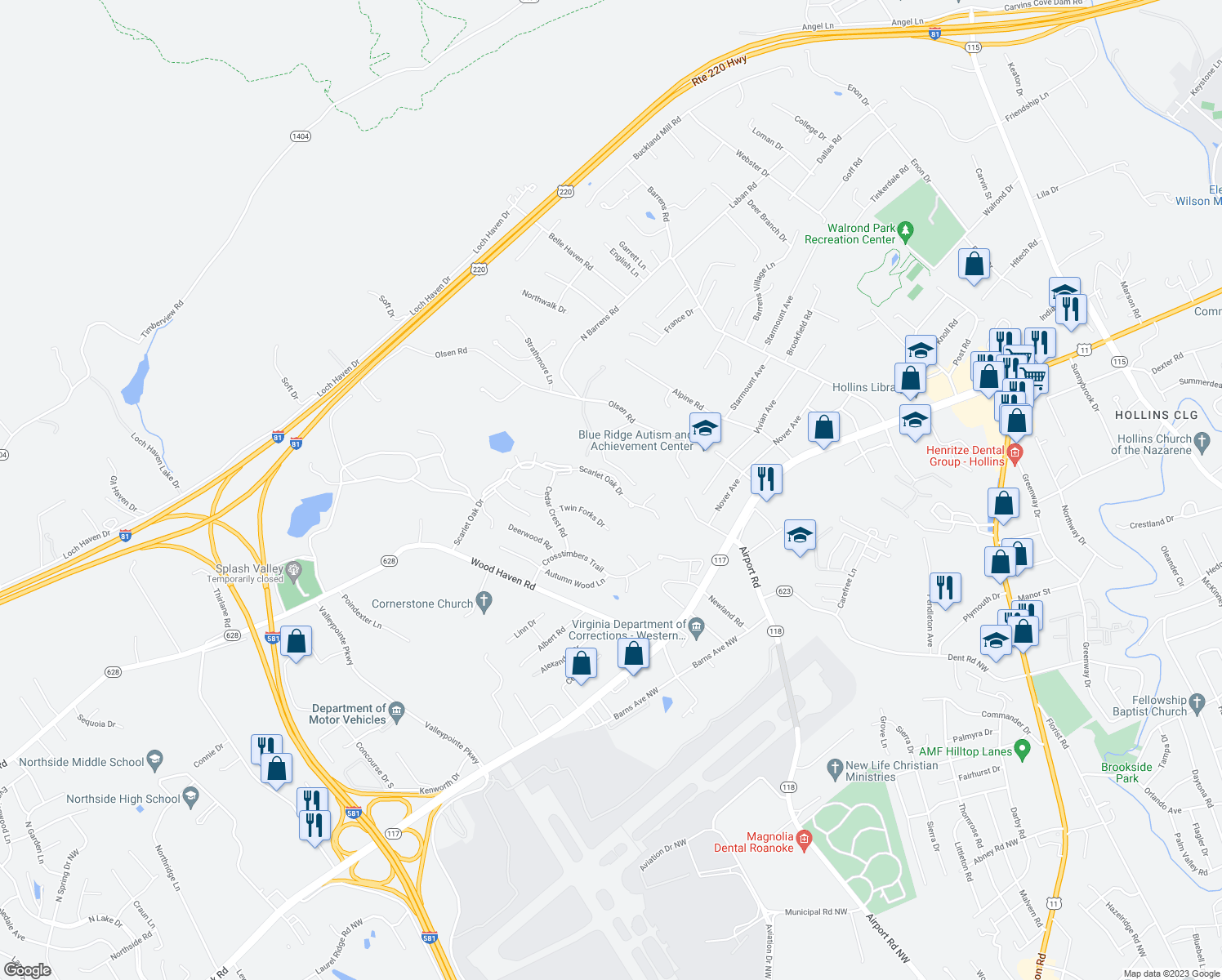 map of restaurants, bars, coffee shops, grocery stores, and more near 7261 Scarlet Oak Drive in Roanoke