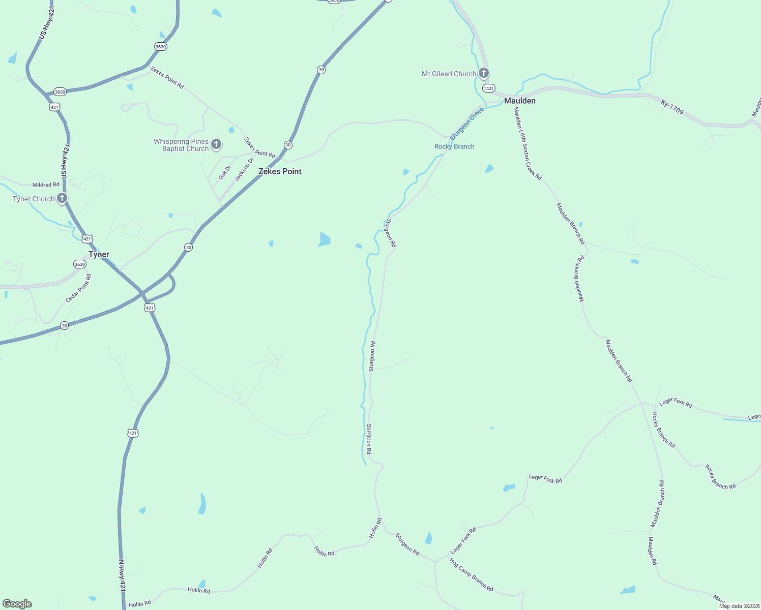 map of restaurants, bars, coffee shops, grocery stores, and more near Sturgeon Road in Tyner