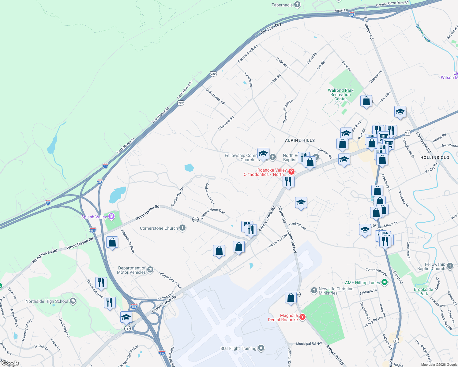 map of restaurants, bars, coffee shops, grocery stores, and more near 7251 Scarlet Oak Drive in Hollins