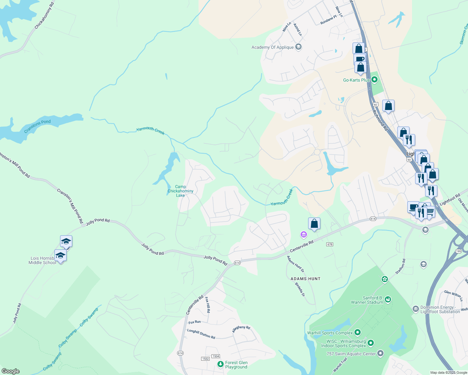 map of restaurants, bars, coffee shops, grocery stores, and more near 6478 Isabella Drive in Williamsburg