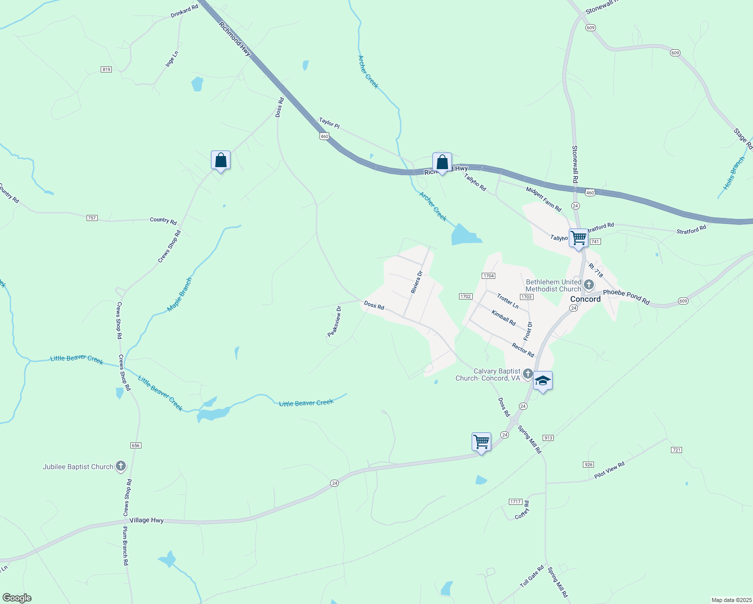 map of restaurants, bars, coffee shops, grocery stores, and more near Doss Rd in Concord