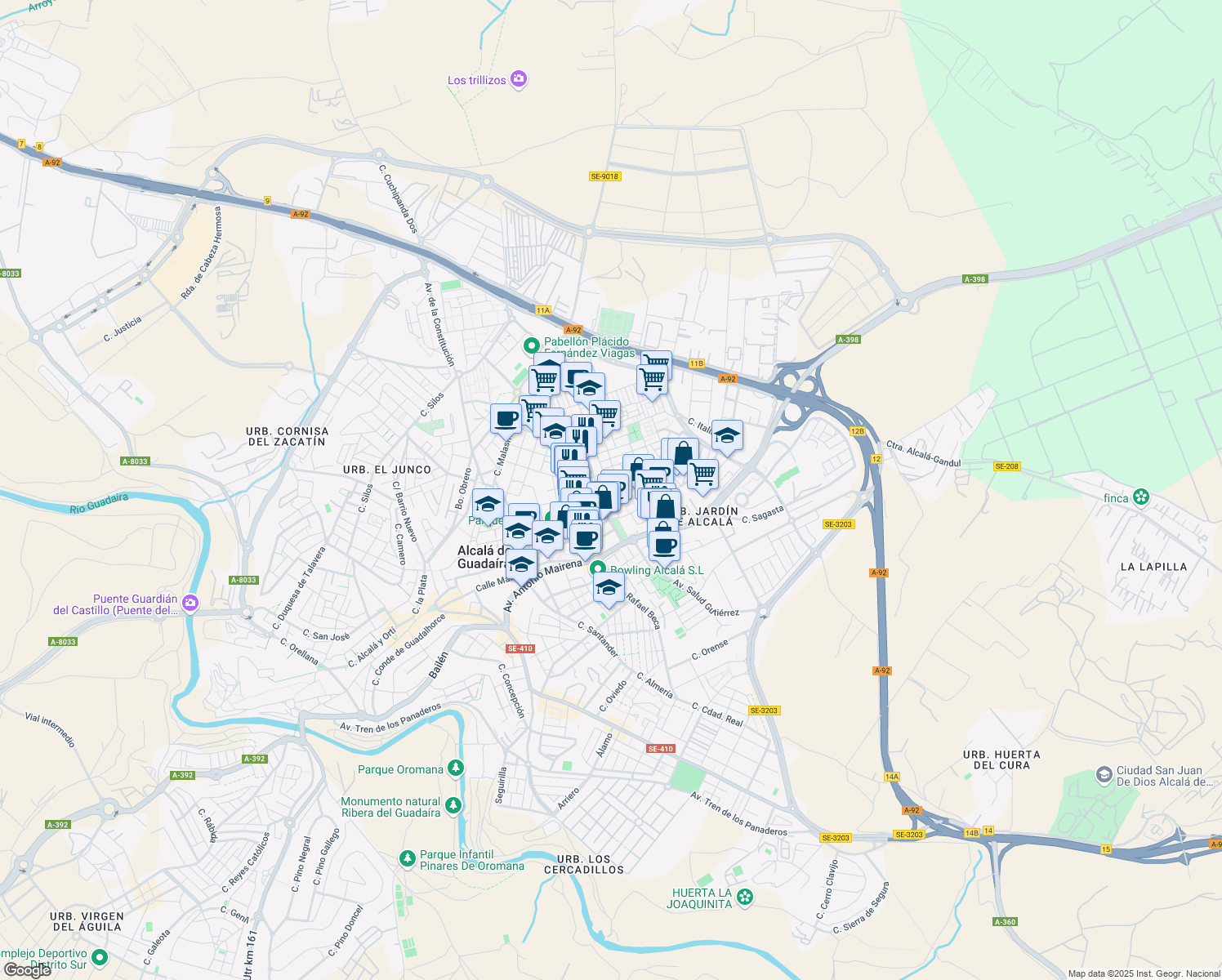 map of restaurants, bars, coffee shops, grocery stores, and more near 22 Calle Alonso Gascón in Alcalá de Guadaíra