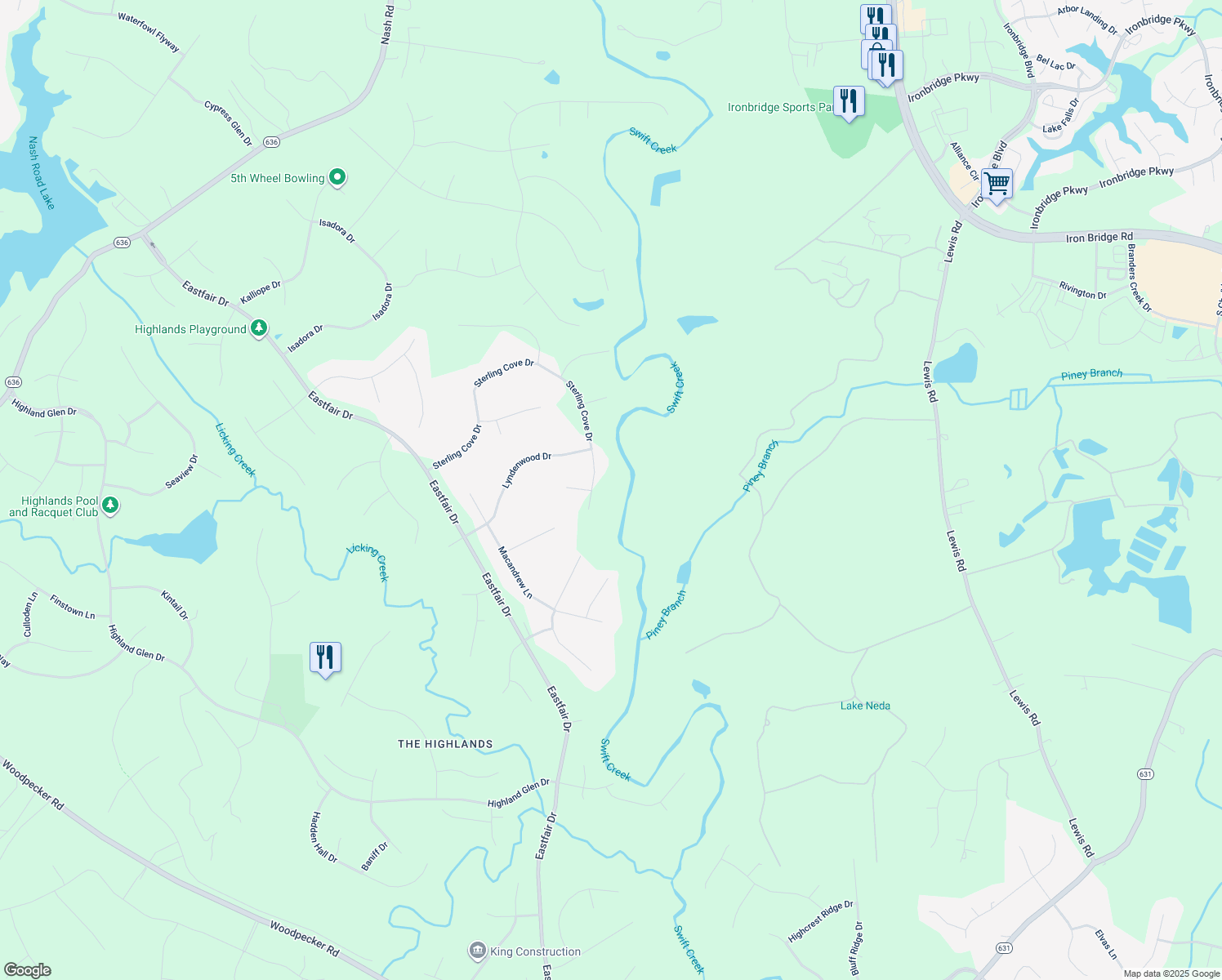 map of restaurants, bars, coffee shops, grocery stores, and more near 10700 Sterling Cove Drive in Chesterfield