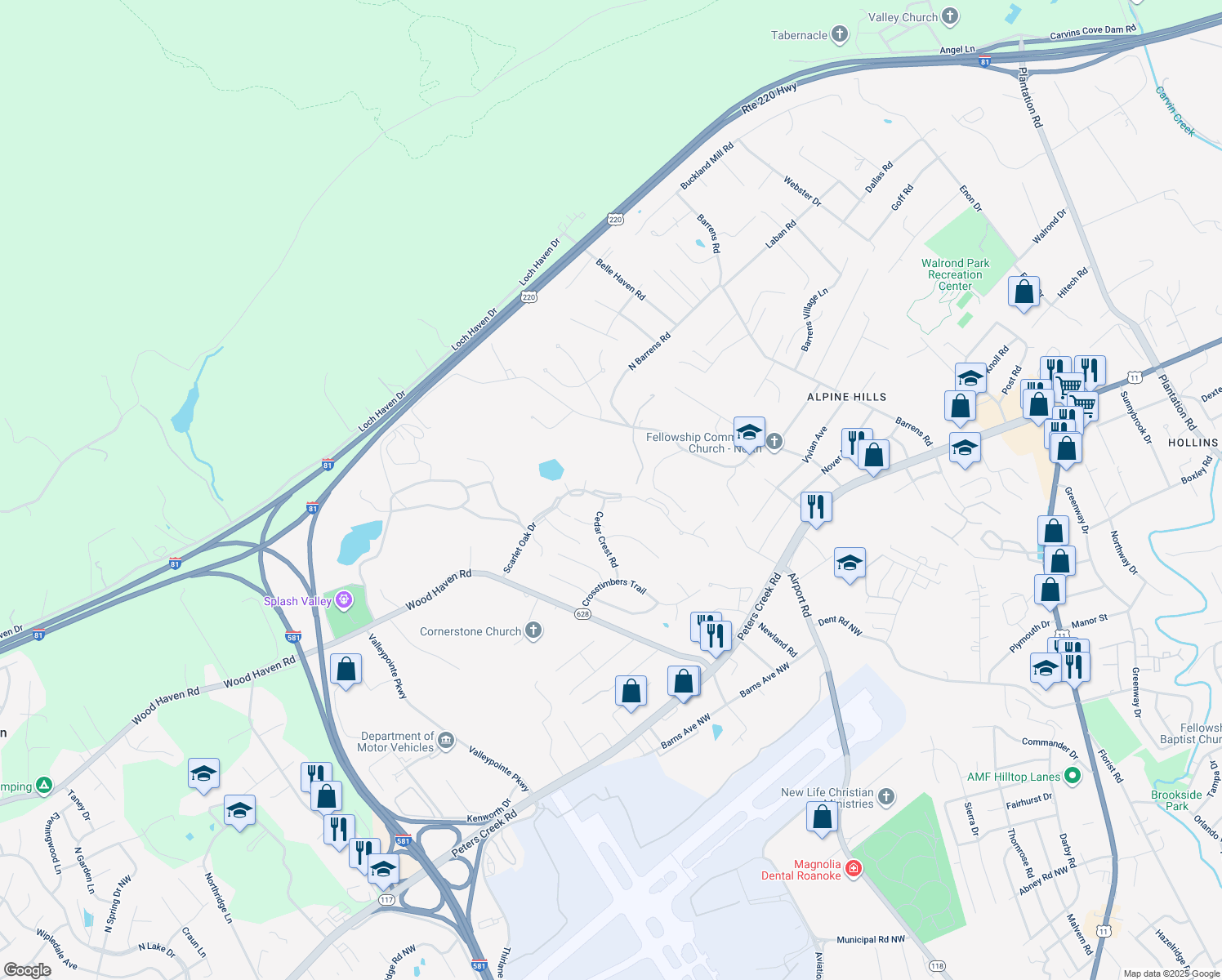 map of restaurants, bars, coffee shops, grocery stores, and more near 7206 Red Cedar Circle in Roanoke