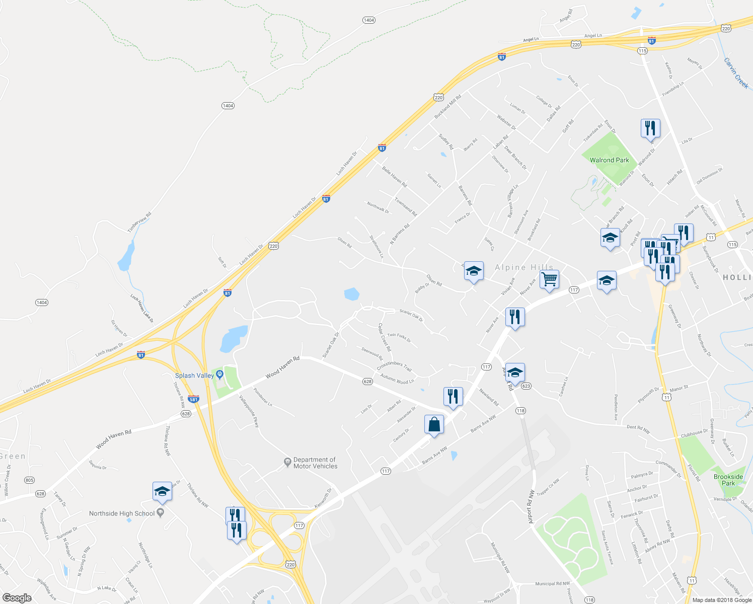 map of restaurants, bars, coffee shops, grocery stores, and more near 7211 Snowberry Circle in Roanoke