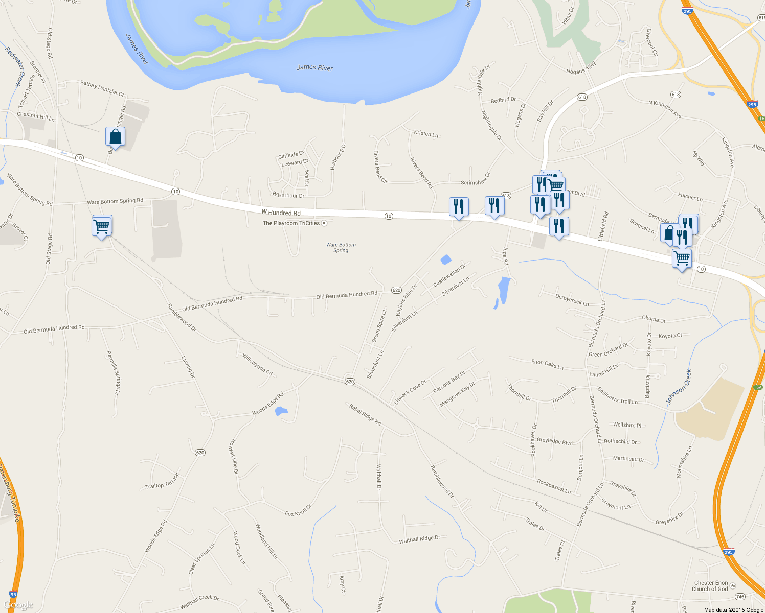 map of restaurants, bars, coffee shops, grocery stores, and more near 13512 Green Spire Court in Chester