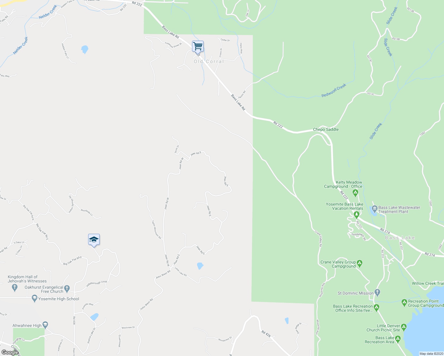 map of restaurants, bars, coffee shops, grocery stores, and more near 40970 Jean Road East in Oakhurst