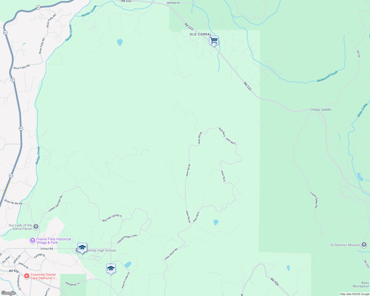 map of restaurants, bars, coffee shops, grocery stores, and more near 41068 Jean Road East in Oakhurst