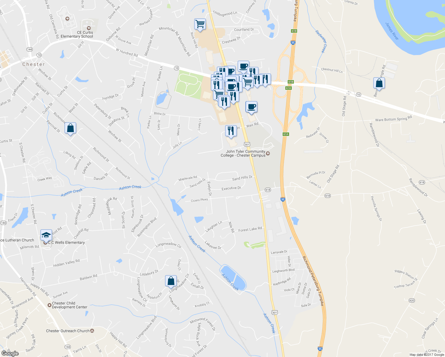 map of restaurants, bars, coffee shops, grocery stores, and more near 2812 Sand Hills Drive in Chester