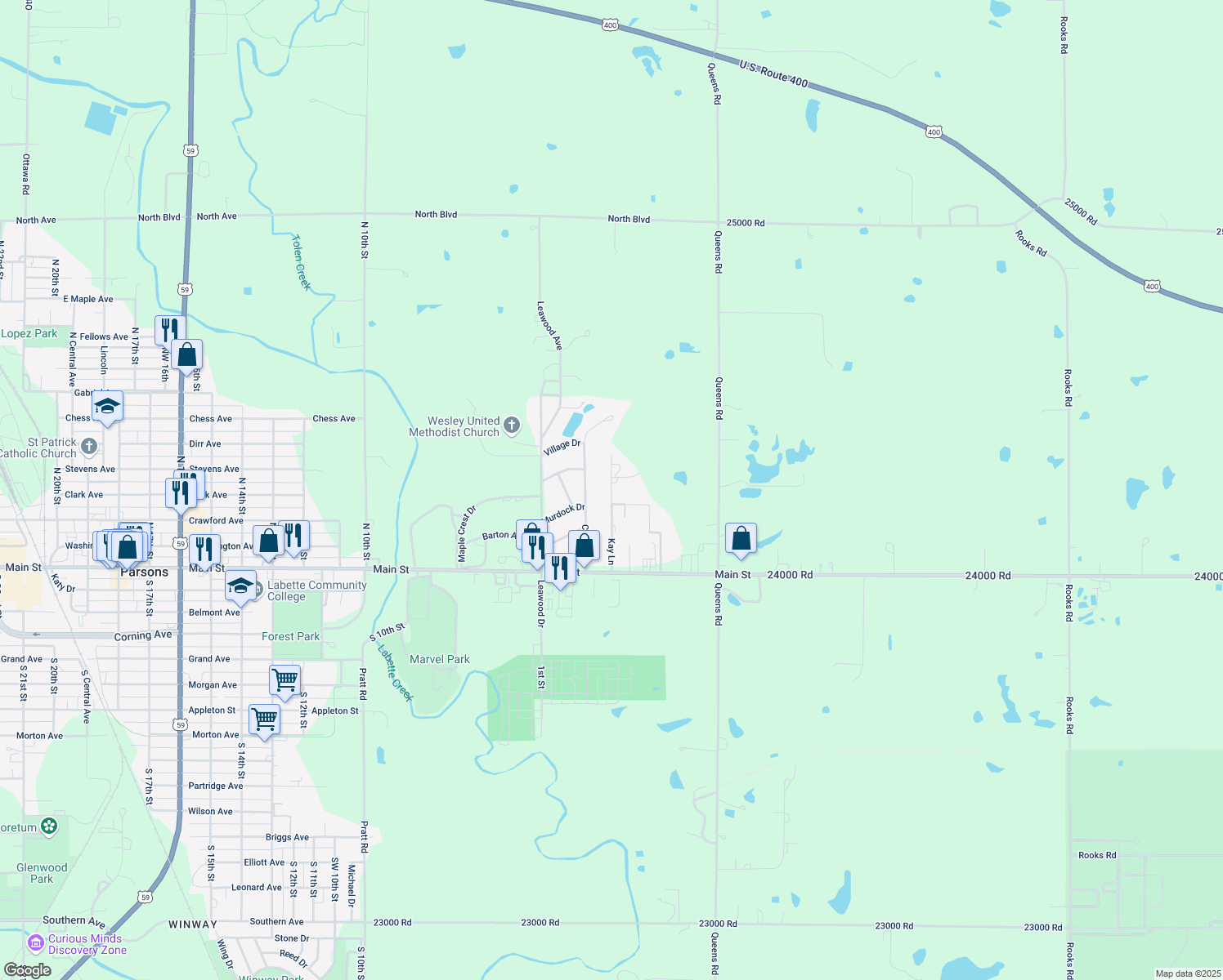 map of restaurants, bars, coffee shops, grocery stores, and more near 211 Kay Lane in Parsons