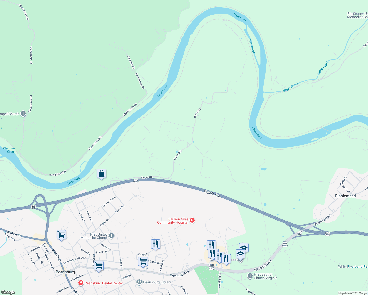 map of restaurants, bars, coffee shops, grocery stores, and more near 2098 Curve Road in Pearisburg