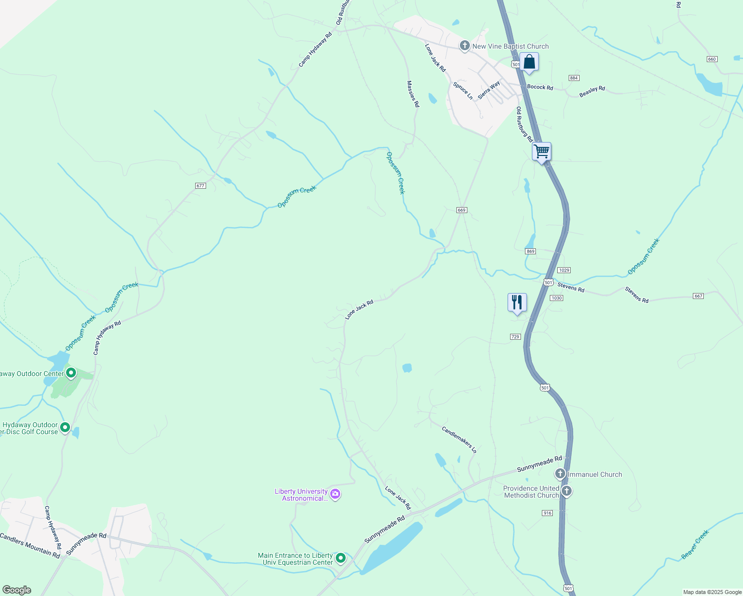 map of restaurants, bars, coffee shops, grocery stores, and more near 1192 Lone Jack Road in Lynchburg