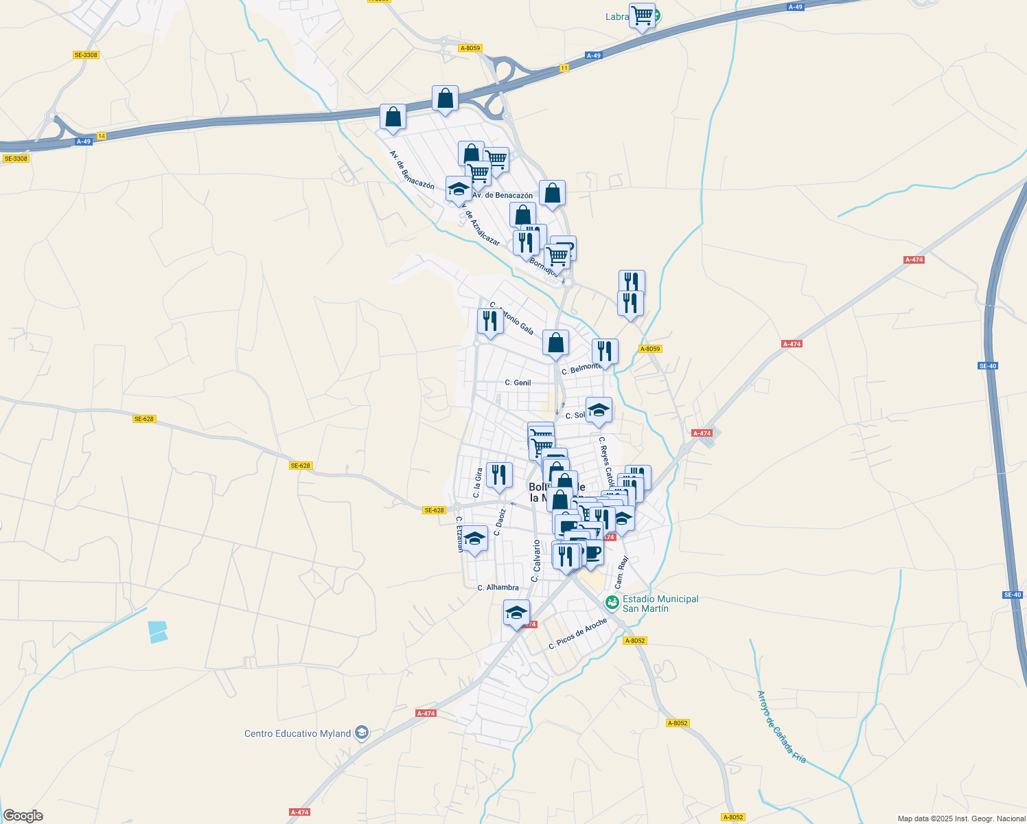 map of restaurants, bars, coffee shops, grocery stores, and more near 21 Calle Martínez Montañés in Bollullos de la Mitación