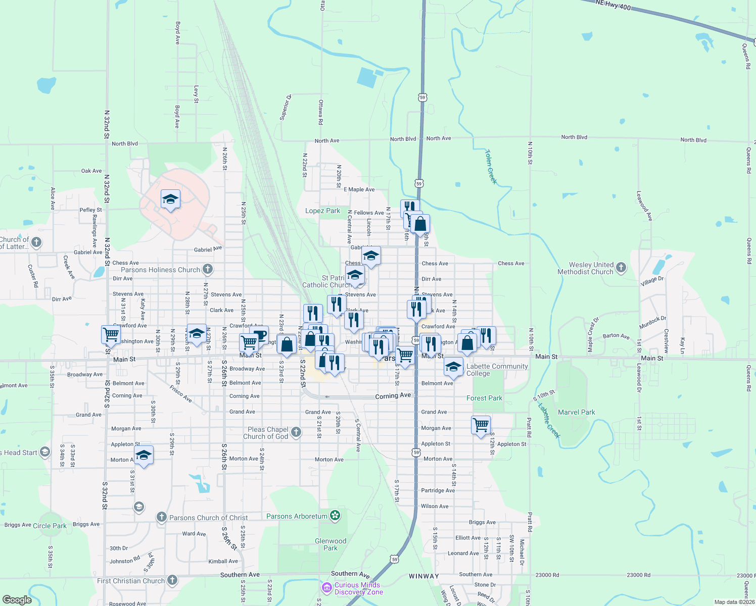 map of restaurants, bars, coffee shops, grocery stores, and more near 449 N 18th St in Parsons