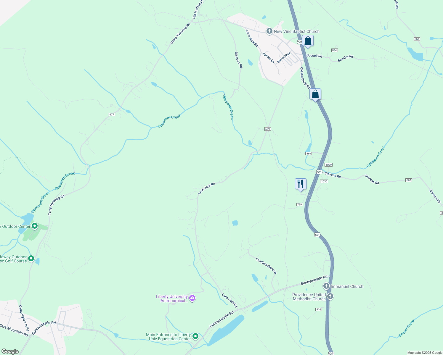map of restaurants, bars, coffee shops, grocery stores, and more near 1276 Lone Jack Road in Lynchburg