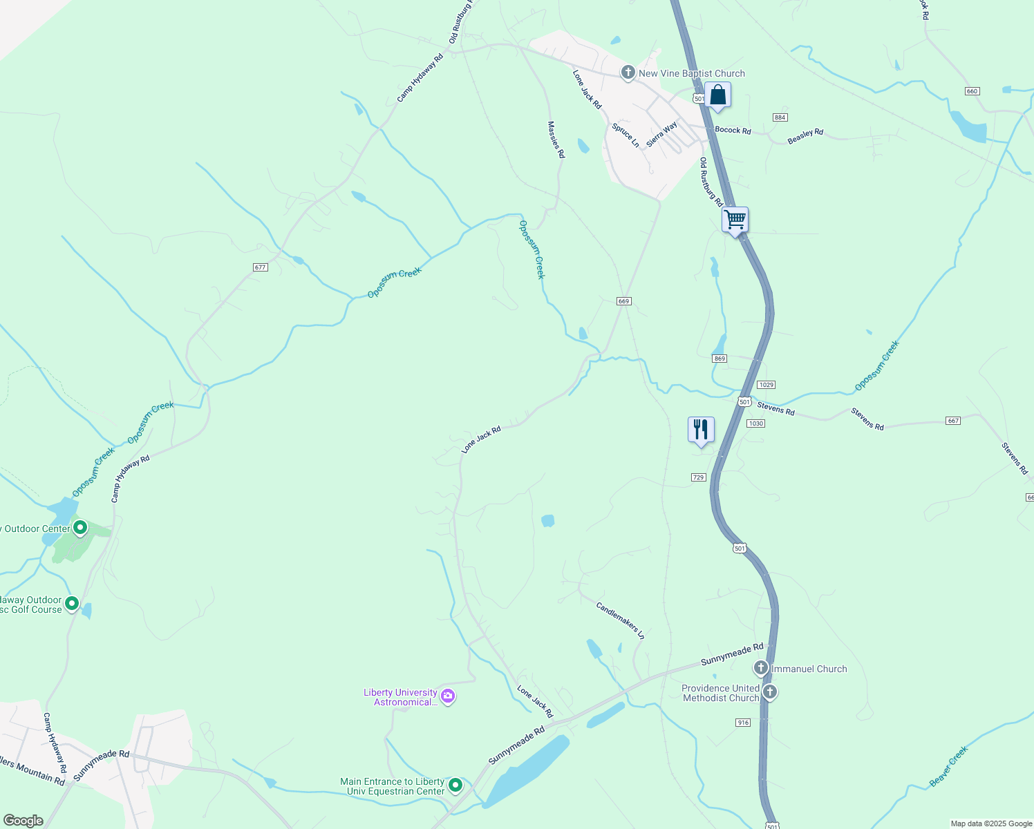 map of restaurants, bars, coffee shops, grocery stores, and more near 1276 Lone Jack Road in Lynchburg