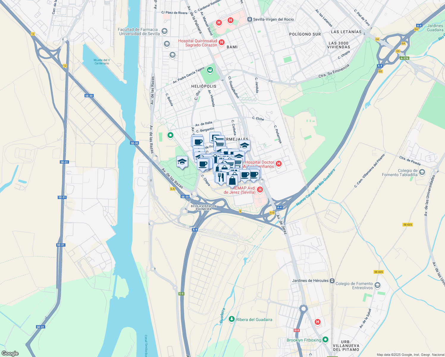 map of restaurants, bars, coffee shops, grocery stores, and more near 16 Calle Luxemburgo in Sevilla