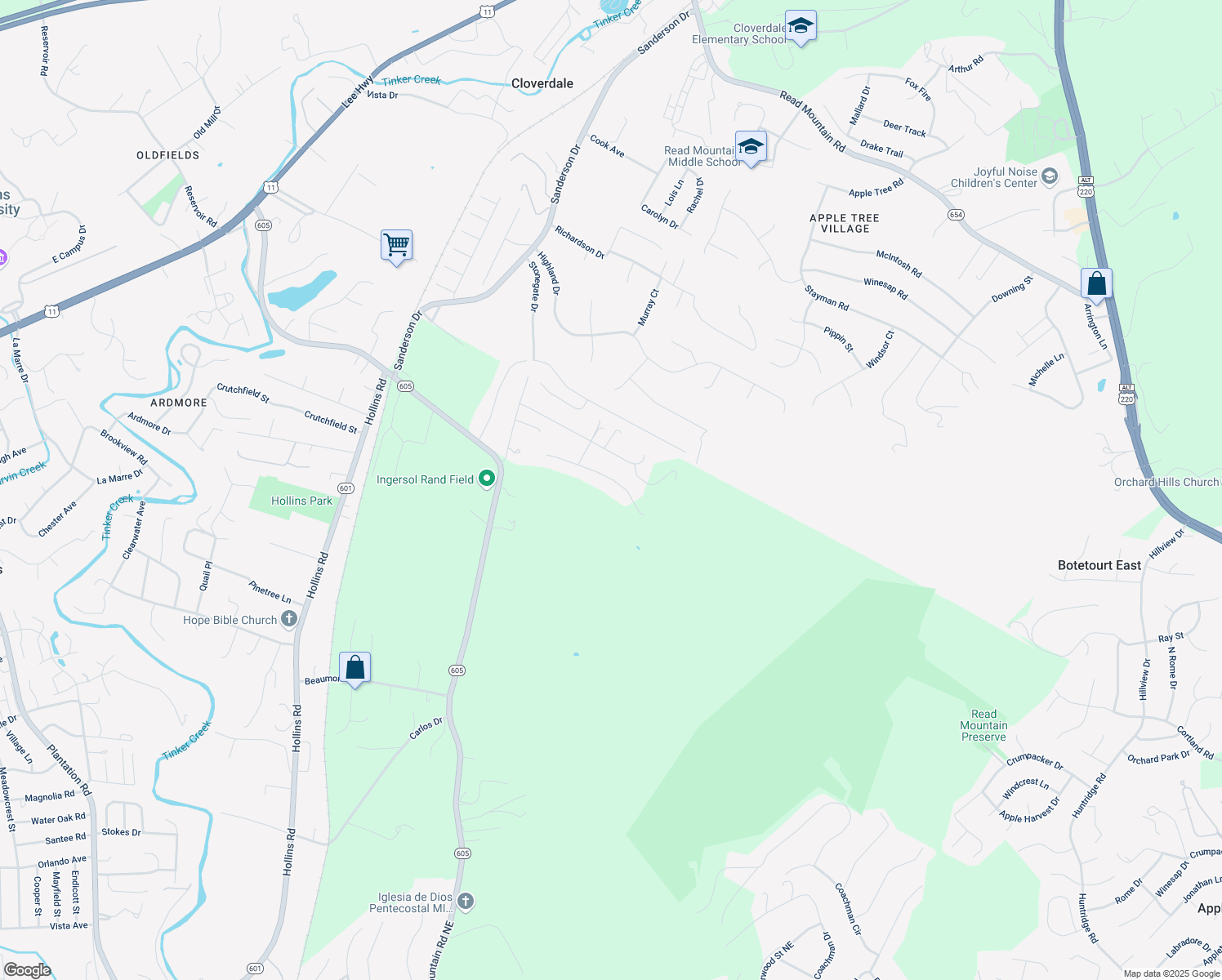 map of restaurants, bars, coffee shops, grocery stores, and more near 8248 Olde Tavern Road in Roanoke