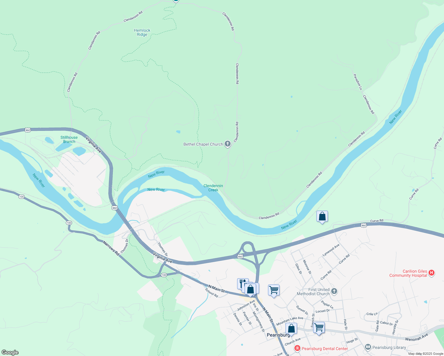 map of restaurants, bars, coffee shops, grocery stores, and more near 1287 Clendennin Road in Narrows