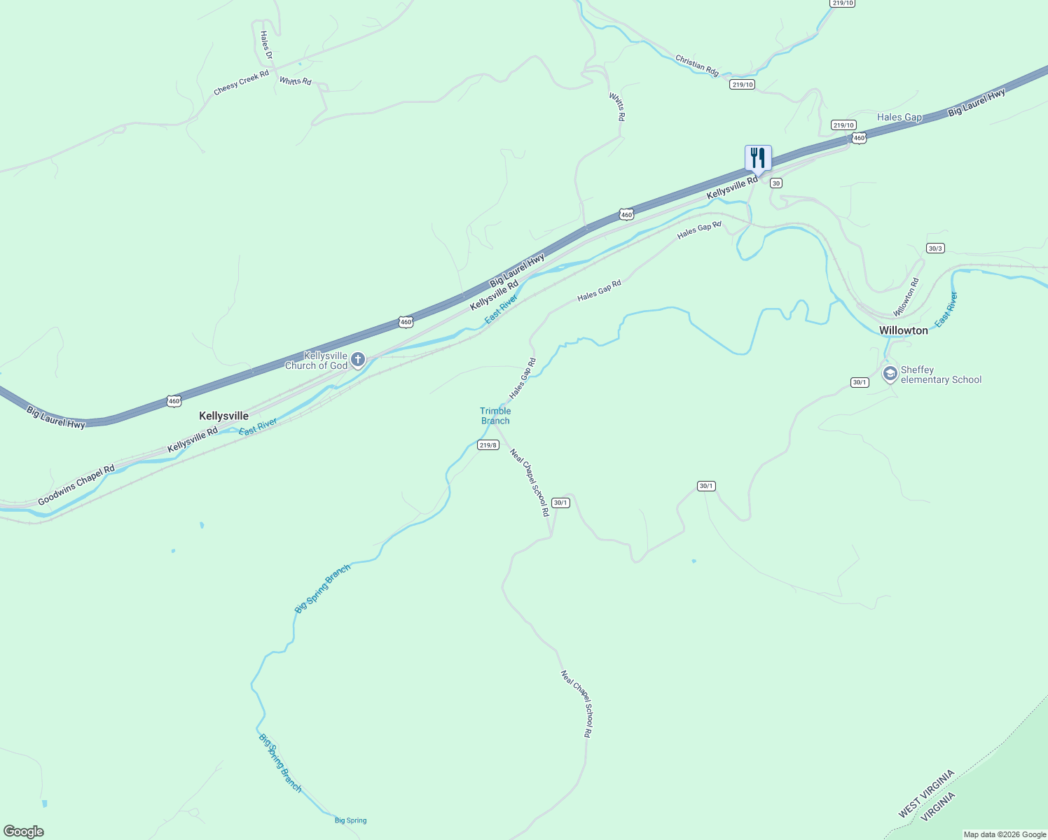 map of restaurants, bars, coffee shops, grocery stores, and more near 1691 Hales Gap Road in Princeton