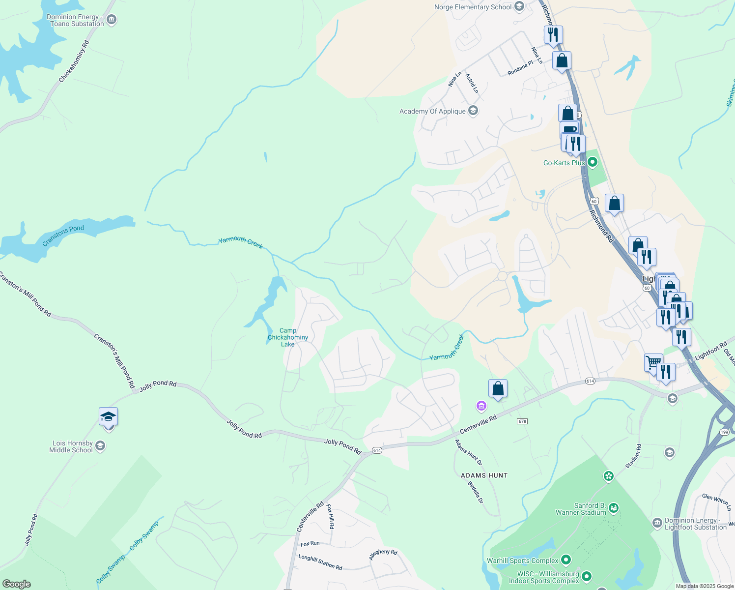 map of restaurants, bars, coffee shops, grocery stores, and more near 6478 Isabella Drive in Williamsburg