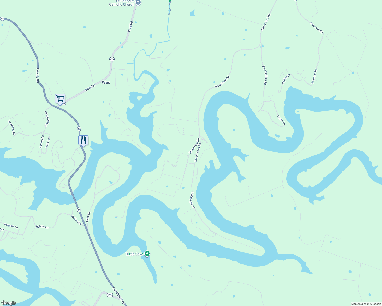 map of restaurants, bars, coffee shops, grocery stores, and more near 2892 Broad Ford Road in Clarkson