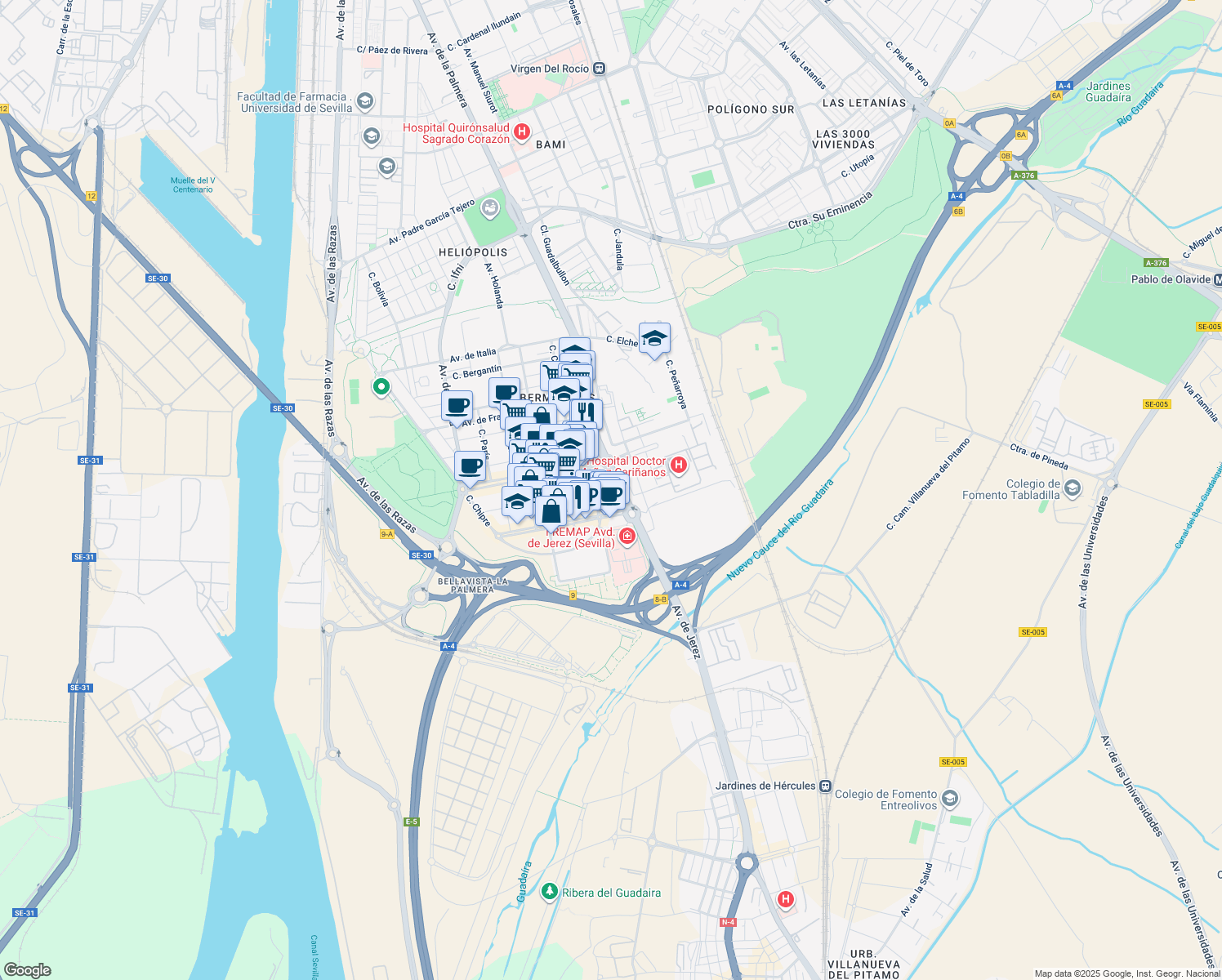 map of restaurants, bars, coffee shops, grocery stores, and more near 1 Glorieta de Letonia in Sevilla