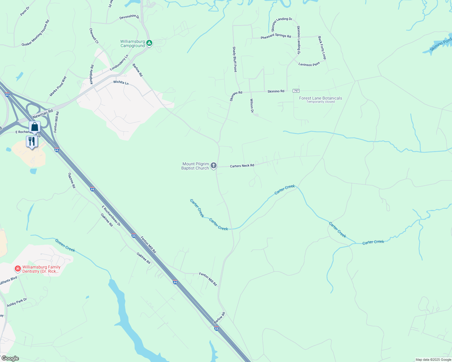 map of restaurants, bars, coffee shops, grocery stores, and more near 220 Barlow Road in Williamsburg