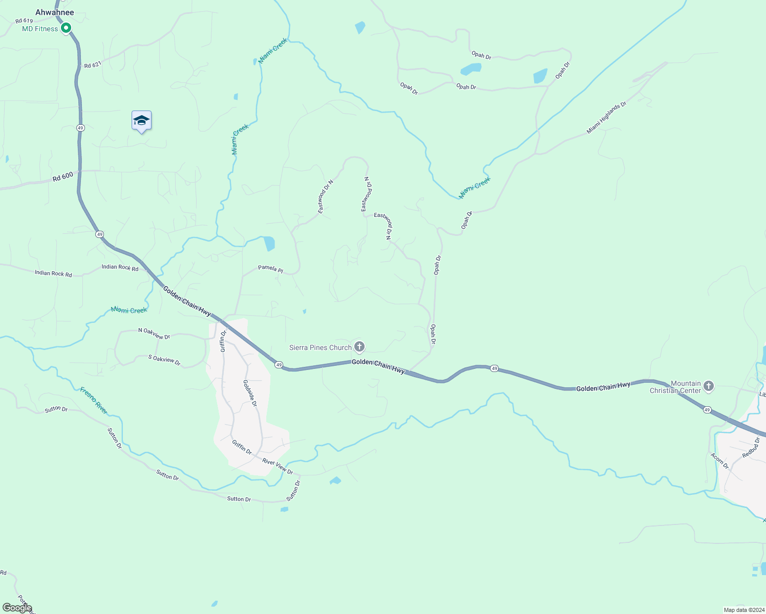 map of restaurants, bars, coffee shops, grocery stores, and more near 46534 Eastwood Drive South in Oakhurst