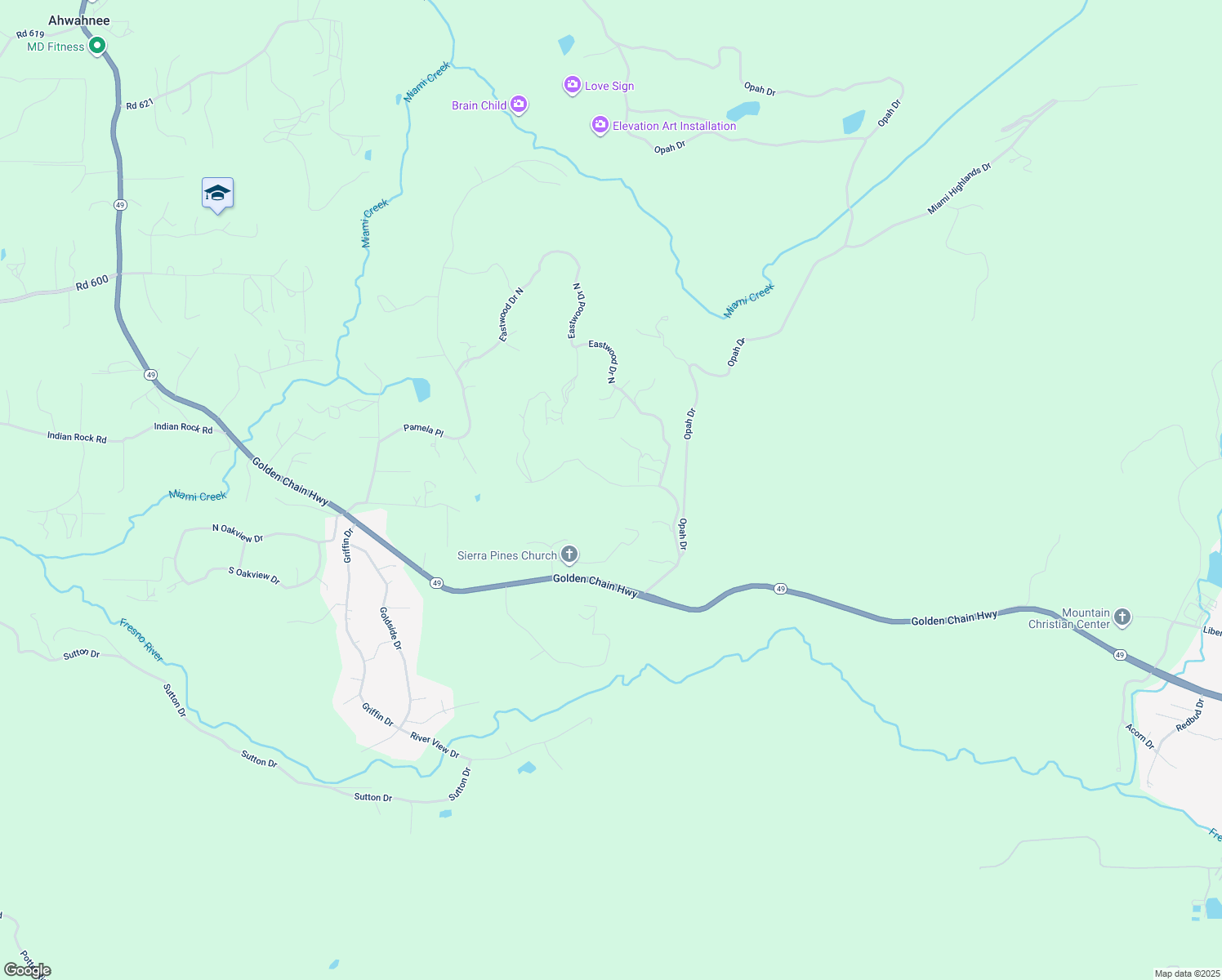 map of restaurants, bars, coffee shops, grocery stores, and more near 46534 Eastwood Drive South in Oakhurst