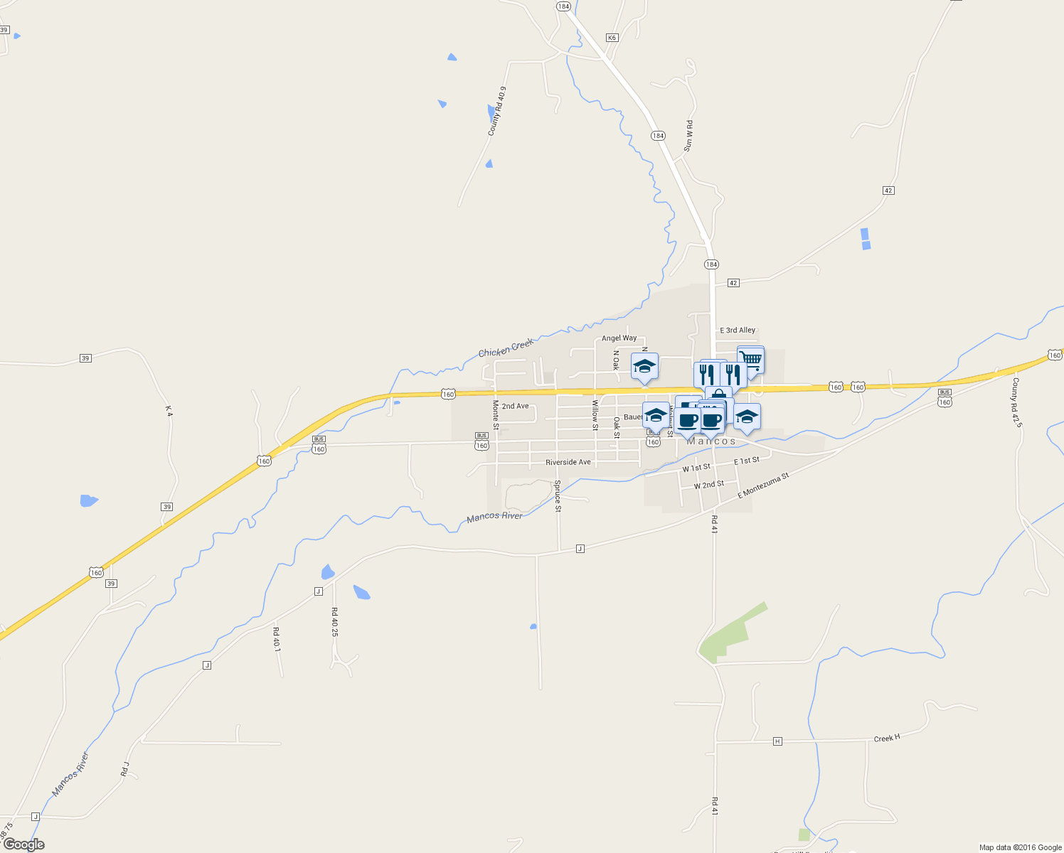 map of restaurants, bars, coffee shops, grocery stores, and more near 843 Bauer Ave in Mancos